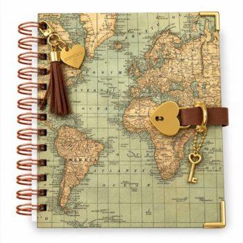 Diário Elegante - Com Cadeado Coração Dourado - Mapa Mundi - 100 Folhas