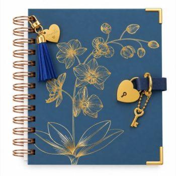 Diário Elegante - Com Cadeado Coração Dourado - Florologia Orquídea - 100 Folhas