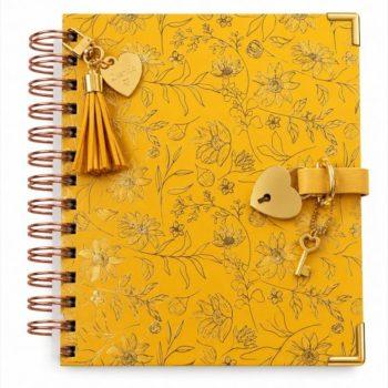 Diário Elegante - Com Cadeado Coração Dourado - Florologia Girassol - 100 Folhas