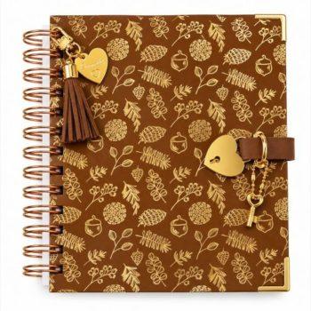 Diário Elegante - Com Cadeado Coração Dourado - Florologia Castanha - 100 Folhas