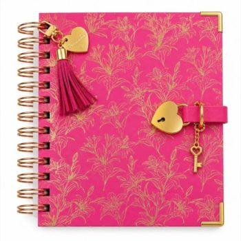 Diário Elegante - Com Cadeado Coração Dourado - Florologia Lírios - 100 Folhas