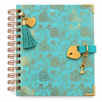 Diário Elegante - Com Cadeado Coração Dourado - Florologia Hortência - 100 Folhas