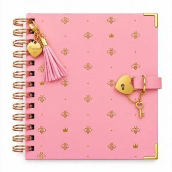 Diário Elegante - Com Cadeado Coração Dourado - Abelha Rainha Rosa - 100 Folhas