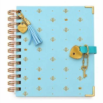 Diário Elegante - Com Cadeado Coração Dourado - Abelha Rainha Azul - 100 Folhas