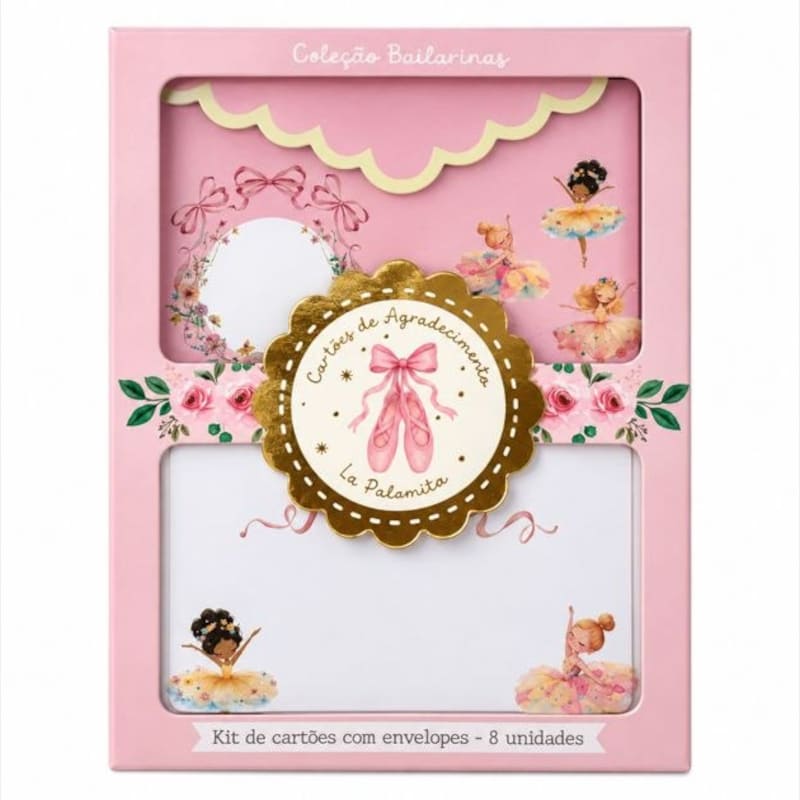 Cartão De Agradecimento - Bailarinas - Kit De Cartões + Envelopes + Adesivos (8 De Cada)