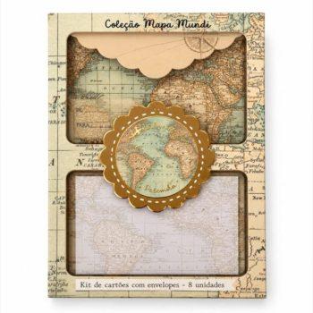 Cartão De Agradecimento - Mapa Mundi - Kit De Cartões + Envelopes + Adesivos (8 De Cada)