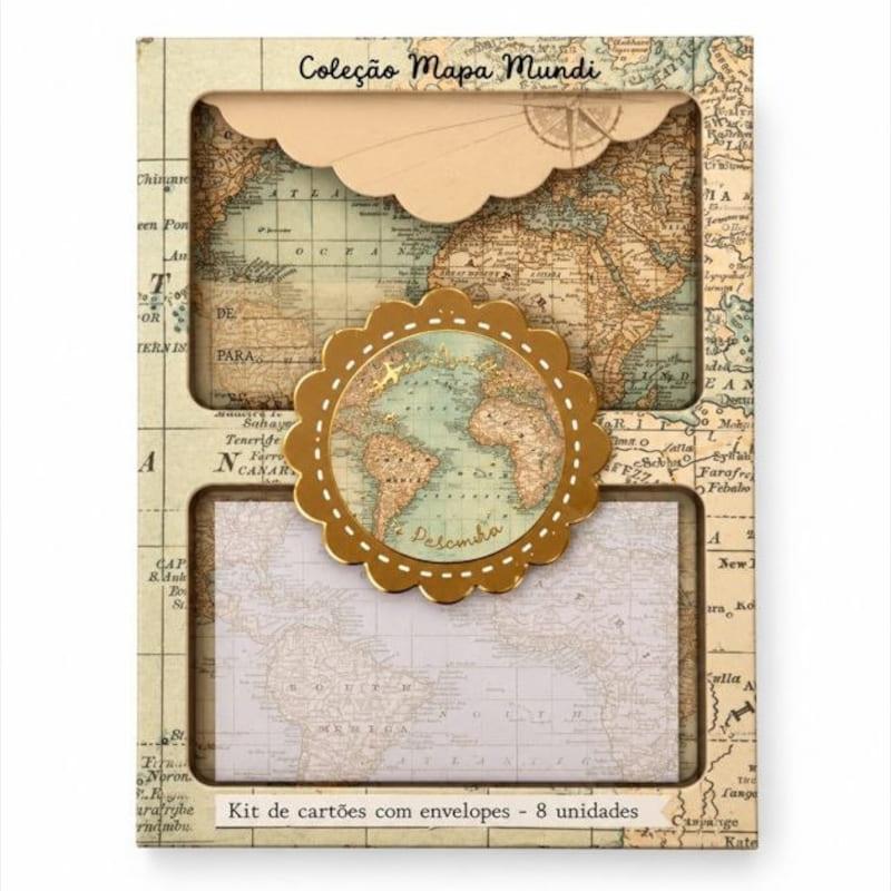 Cartão De Agradecimento - Mapa Mundi - Kit De Cartões + Envelopes + Adesivos (8 De Cada)