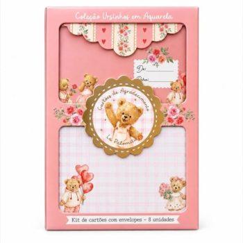 Cartão De Agradecimento - Ursinhos Em Aquarela - Kit De Cartões + Envelopes + Adesivos (8 De Cada)